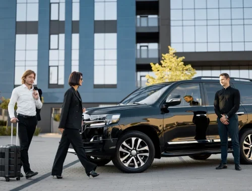 Private corporate transportation in a black Chevy Suburban